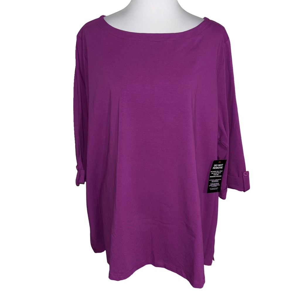 Catherines Violet Boatneck Roll-Tab Sleeve Top